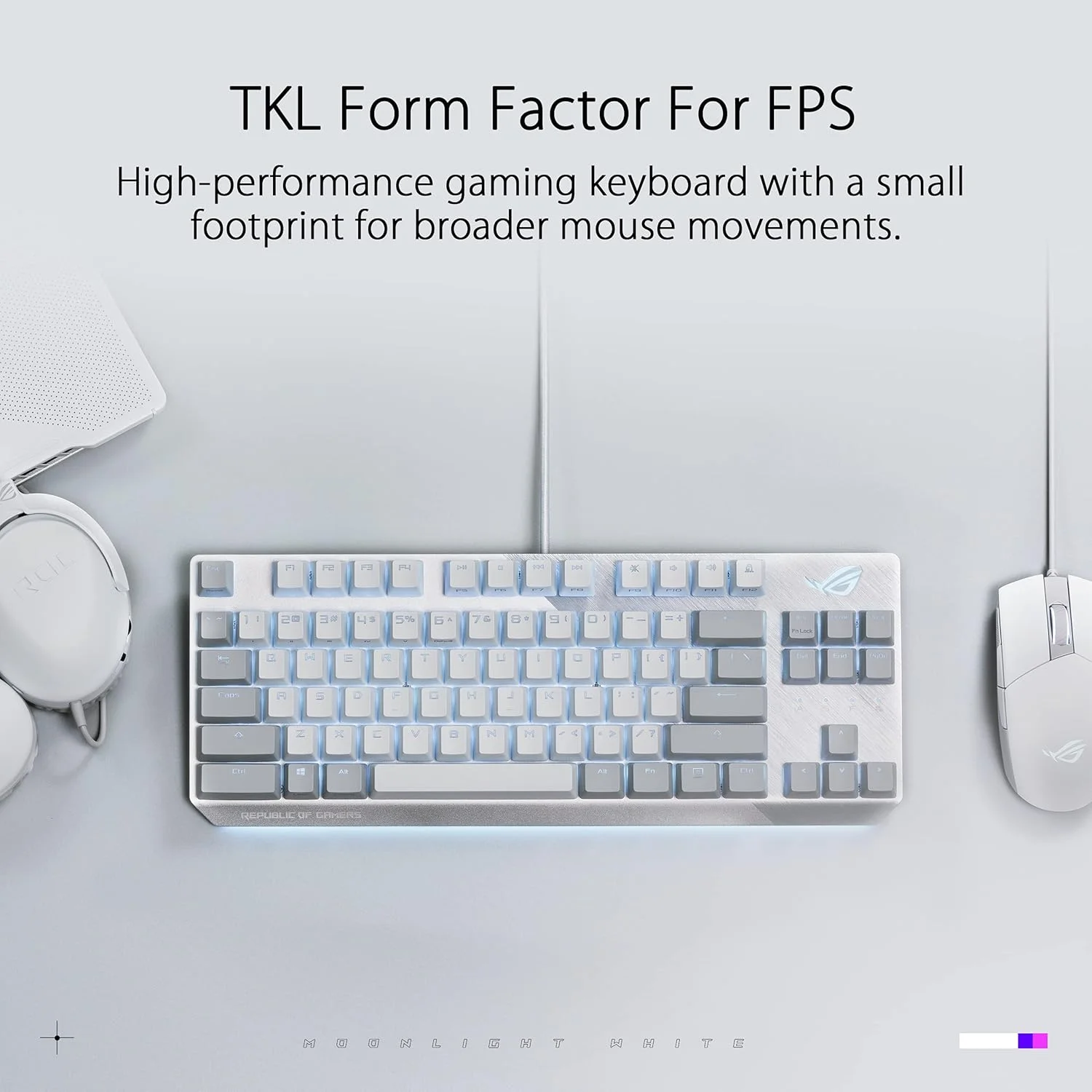 کیبورد گیمینگ مکانیکی سیم دار ASUS ROG Strix Scope NX TKL Moonlight White RGB با کلیدهای خطی قرمز ROG NX، فریم آلومینیومی، نورپردازی Aura Sync، طراحی Tenkeyless، کلیدهای رسانه ای Quick Toggle، Asus42144