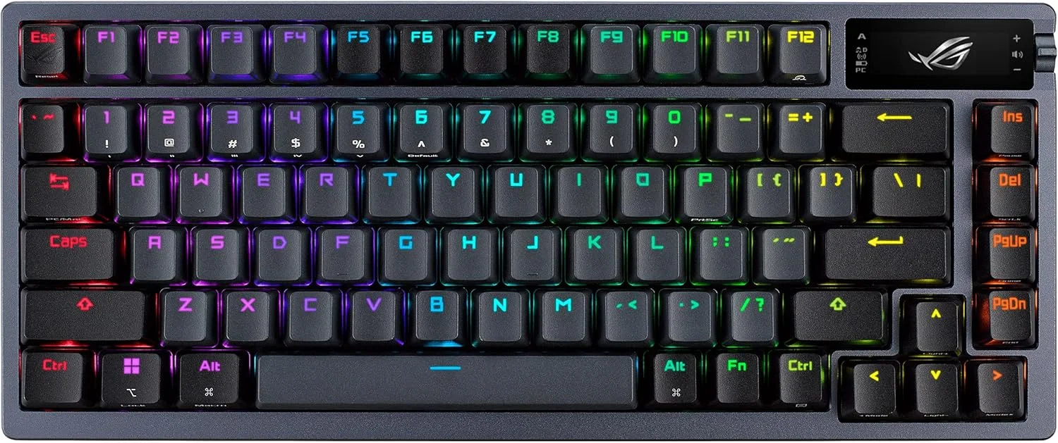 کیبورد گیمینگ بی سیم قابل تنظیم ASUS ROG Azoth، 75 کلید، نمایشگر OLED، سوییچ های قابل تعویض ROG NX Red، تثبیت کننده های کیبورد، کلیدهای PBT، نورپردازی RGB، طرح بندی ایتالیایی، مشکی