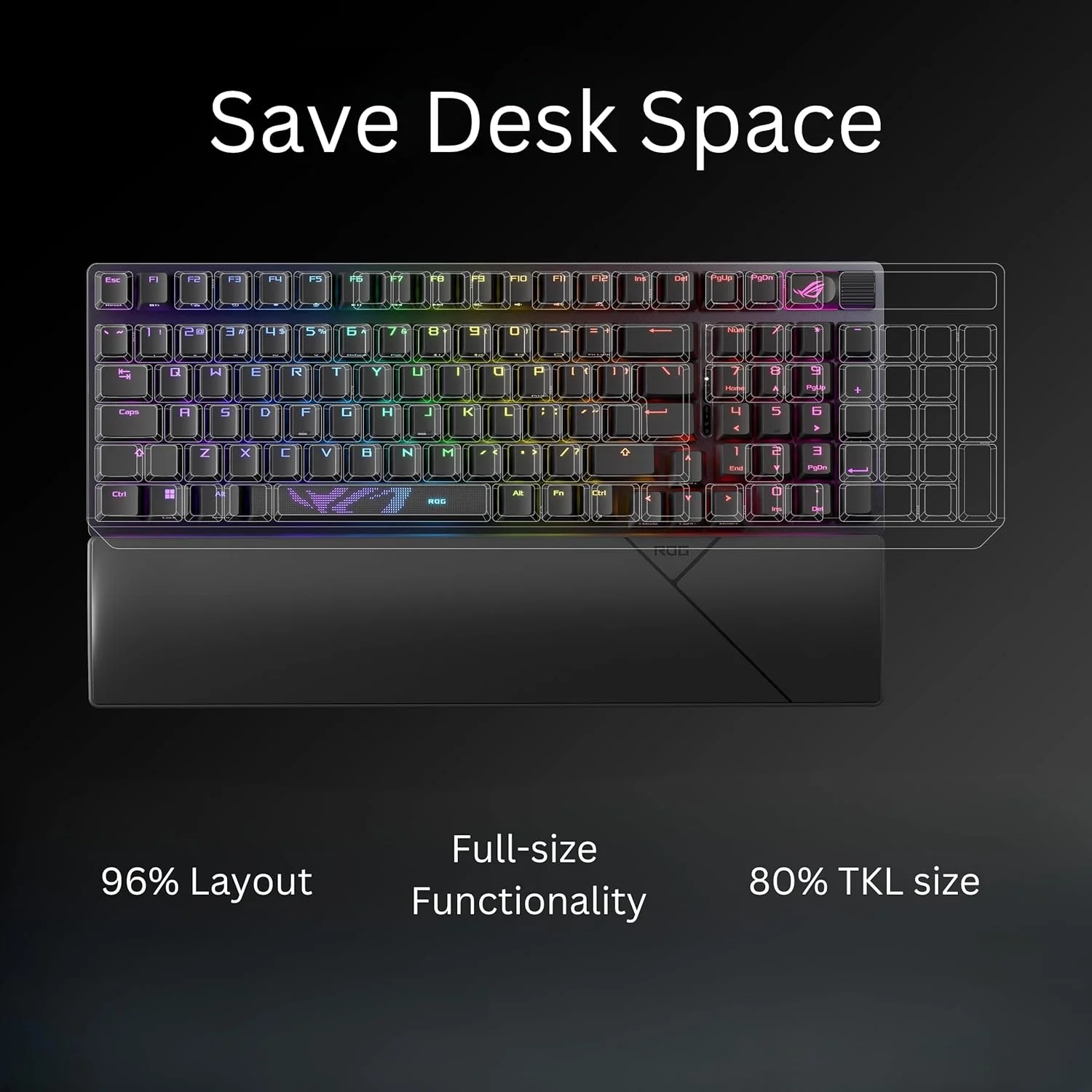 کیبورد گیمینگ بی سیم ایسوس ROG Strix Scope II 96، اتصال سه حالته، فوم میرایی صدا و پدهای میرایی سوییچ، سوییچ های ROG NX Storm از پیش روغن کاری شده و قابل تعویض، کلیدهای PBT، RGB - مشکی