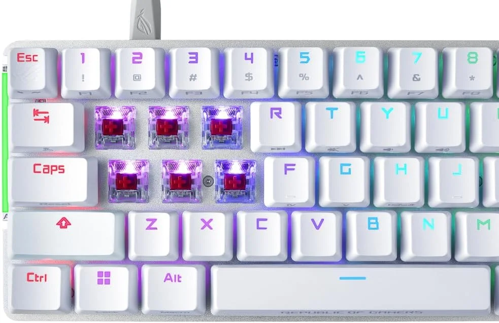 کیبورد گیمینگ سفید ایسوس ROG Falchion Ace Compact، سوییچ‌های مکانیکی NXRD، نورپردازی RGB برای هر کلید، USB 2.0 (TypeC به TypeA)، کلیدهای قابل برنامه‌ریزی، سفید