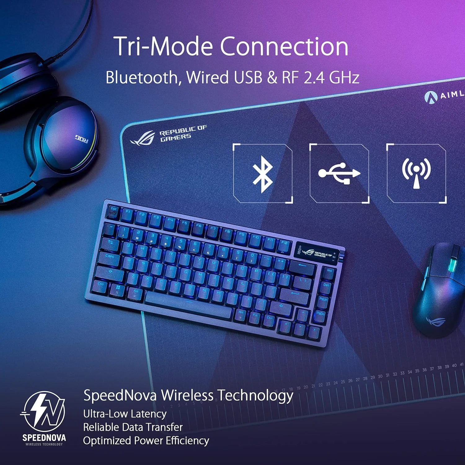 کیبورد گیمینگ مکانیکی بی سیم ایسوس ROG Azoth - 75% TKL، اتصال سه حالته، سوییچ های کلیکی ROG NX Storm از پیش روغن کاری شده با قابلیت تعویض سریع، کلیدهای PBT، RGB، نمایشگر OLED، پشتیبانی از PC/Mac - مشکی