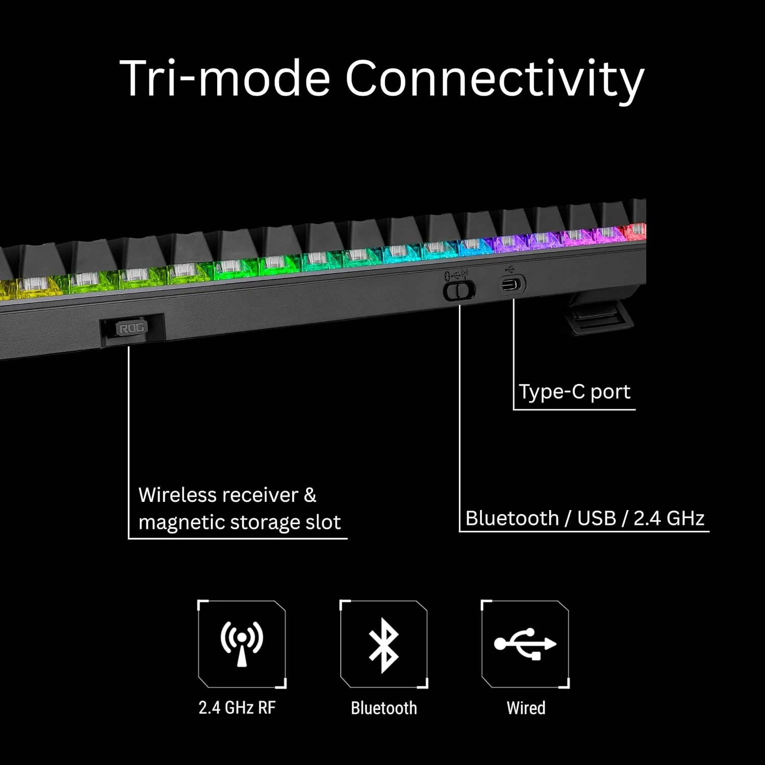 کیبورد گیمینگ بی سیم ایسوس ROG Strix Scope II 96، اتصال سه حالته، فوم میرایی صدا و پدهای میرایی سوییچ، سوییچ های ROG NX Storm از پیش روغن کاری شده و قابل تعویض، کلیدهای PBT، RGB - مشکی