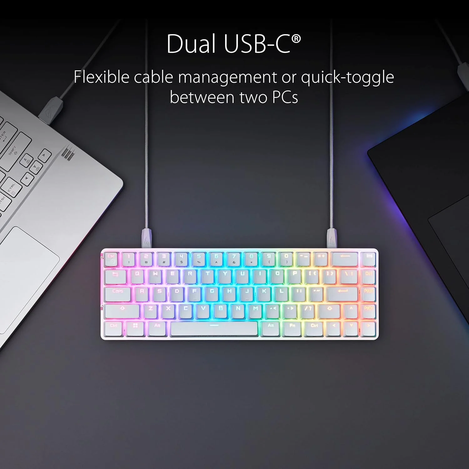 کیبورد گیمینگ مکانیکی ایسوس ROG Falchion Ace، RGB 65% Compact، شبکه ROG NX، روانکاری و تثبیت شده، کلیدهای ABS، اتصال KVM، سه زاویه، کیف محافظ، سفید، نسخه اسپانیایی
