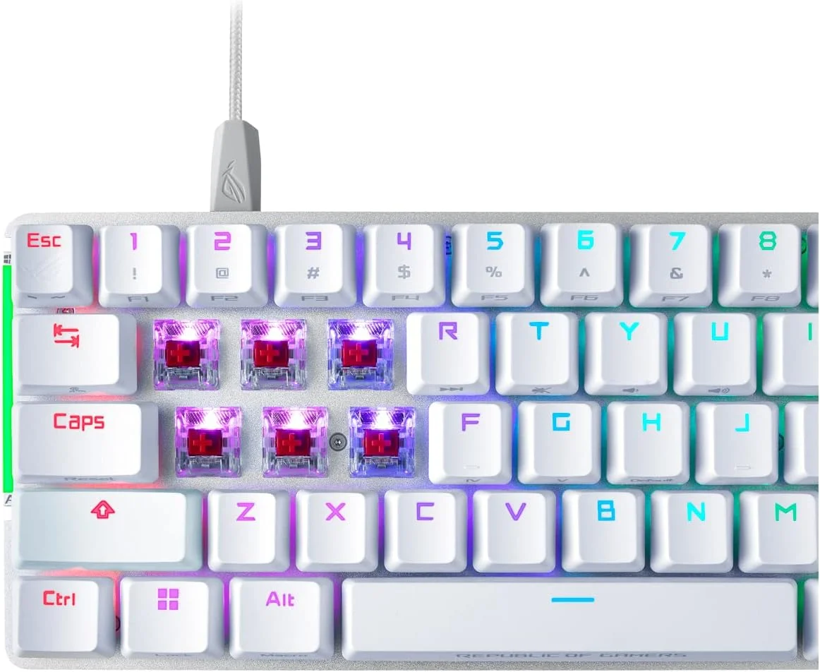 کیبورد گیمینگ مکانیکی ایسوس ROG Falchion Ace، RGB 65% Compact، شبکه ROG NX، روانکاری و تثبیت شده، کلیدهای ABS، اتصال KVM، سه زاویه، کیف محافظ، سفید، نسخه اسپانیایی