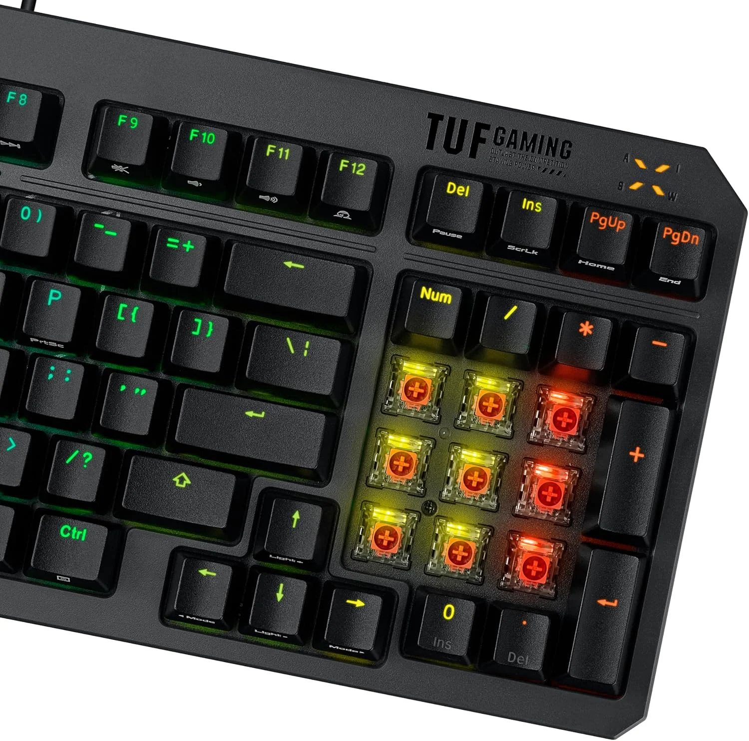 کیبورد گیمینگ ایسوس TUF Gaming K3 Gen II با 97 کلید فشرده، سوییچ‌های اپتیکال-مکانیکال RGB (خطی)، پایه سیلیکونی، فوم میرایی، ضدآب IP57، صفحه بالایی جداشدنی و Aura Sync
