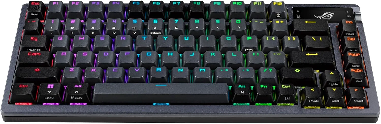 کیبورد گیمینگ مکانیکی بی سیم ایسوس ROG Azoth - 75% TKL، اتصال سه حالته، سوییچ های کلیکی ROG NX Storm از پیش روغن کاری شده با قابلیت تعویض سریع، کلیدهای PBT، RGB، نمایشگر OLED، پشتیبانی از PC/Mac - مشکی
