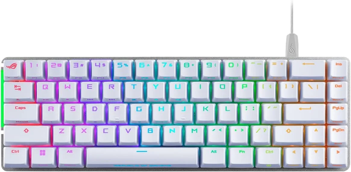 کیبورد گیمینگ مکانیکی ایسوس ROG Falchion Ace، RGB 65% Compact، شبکه ROG NX، روانکاری و تثبیت شده، کلیدهای ABS، اتصال KVM، سه زاویه، کیف محافظ، سفید، نسخه اسپانیایی