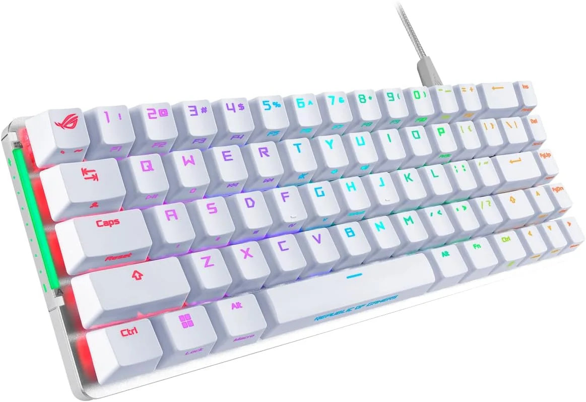 کیبورد گیمینگ مکانیکی ایسوس ROG Falchion Ace، RGB 65% Compact، شبکه ROG NX، روانکاری و تثبیت شده، کلیدهای ABS، اتصال KVM، سه زاویه، کیف محافظ، سفید، نسخه اسپانیایی