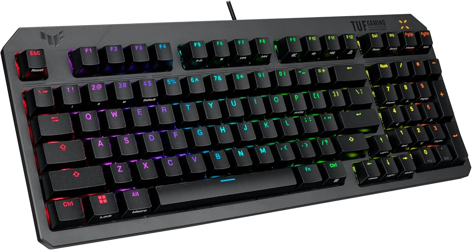 کیبورد گیمینگ ایسوس TUF Gaming K3 Gen II با 97 کلید فشرده، سوییچ‌های اپتیکال-مکانیکال RGB (خطی)، پایه سیلیکونی، فوم میرایی، ضدآب IP57، صفحه بالایی جداشدنی و Aura Sync