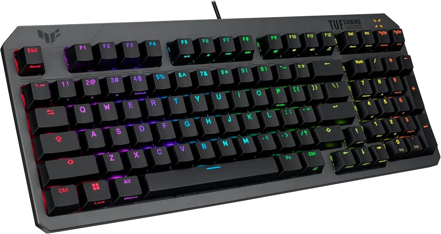 کیبورد گیمینگ ایسوس TUF Gaming K3 Gen II با 97 کلید فشرده، سوییچ‌های اپتیکال-مکانیکال RGB (خطی)، پایه سیلیکونی، فوم میرایی، ضدآب IP57، صفحه بالایی جداشدنی و Aura Sync