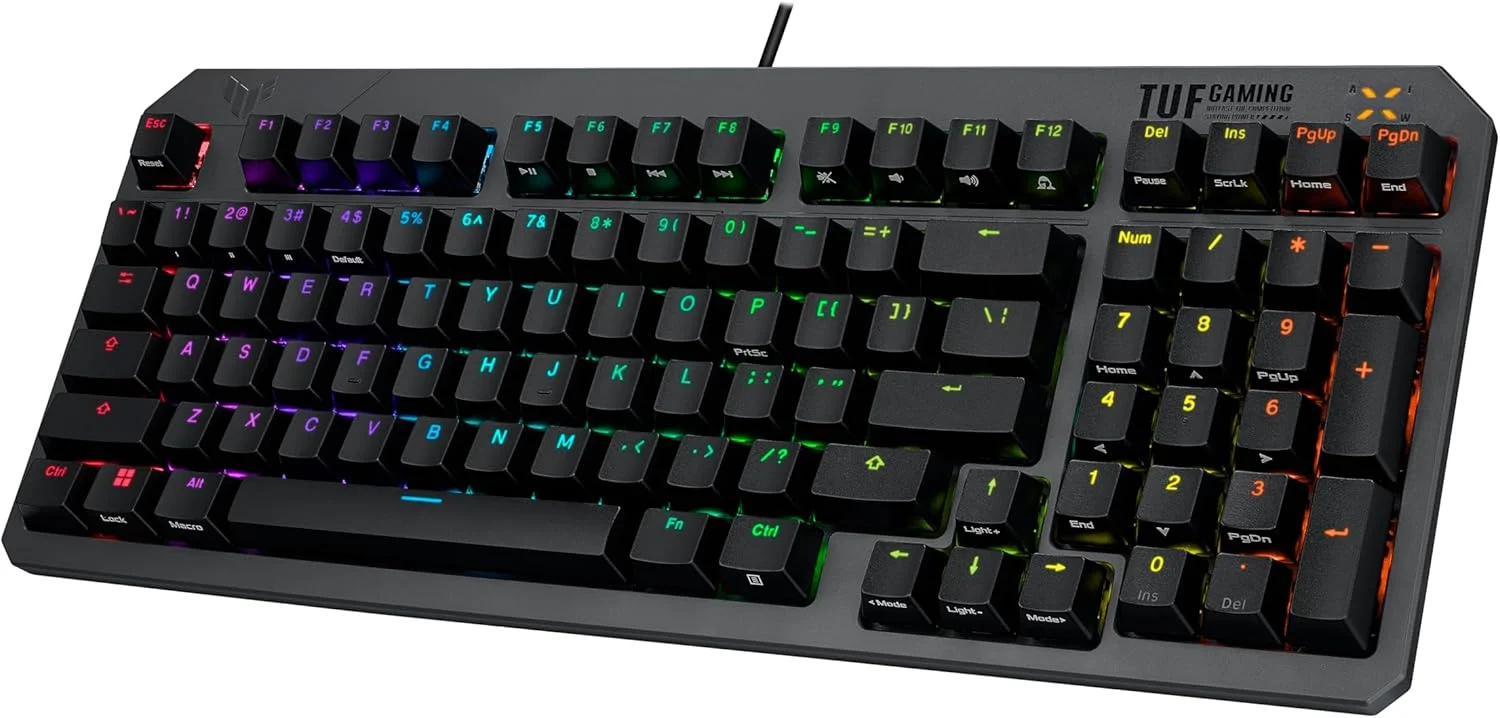 کیبورد گیمینگ ایسوس TUF Gaming K3 Gen II با 97 کلید فشرده، سوییچ‌های اپتیکال-مکانیکال RGB (خطی)، پایه سیلیکونی، فوم میرایی، ضدآب IP57، صفحه بالایی جداشدنی و Aura Sync