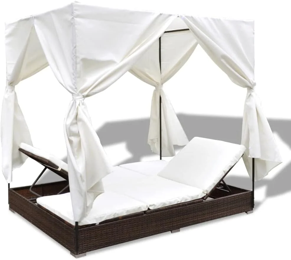 تخت آفتابگیر فضای باز ویدا ایکس ال با پرده، راتان پلی اتیلن قهوهای، مناسب باغ و پاسیو تخت آفتابگیر فضای باز ویدا ایکس ال با پرده، راتان پلی اتیلن قهوهای، مناسب باغ و پاسیو