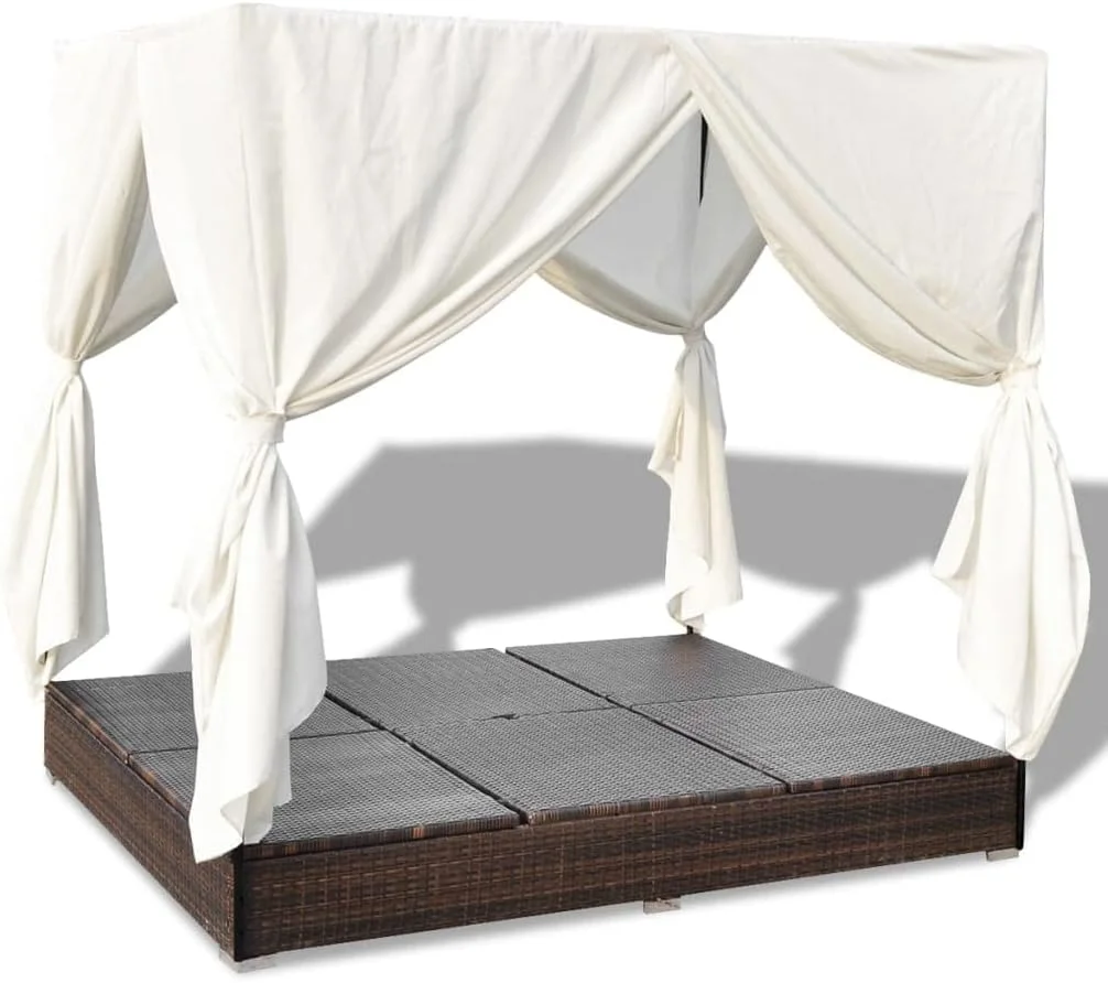تخت آفتابگیر فضای باز ویدا ایکس ال با پرده، راتان پلی اتیلن قهوهای، مناسب باغ و پاسیو تخت آفتابگیر فضای باز ویدا ایکس ال با پرده، راتان پلی اتیلن قهوهای، مناسب باغ و پاسیو