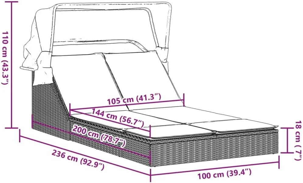 تخت آفتاب دو نفره ویدا ایکس ال با سایبان و کوسن، تخت آفتاب برای پاسیو باغ در فضای باز، تخت روز، تخت استراحت، سبک مدرن، راتان پلی خاکستری