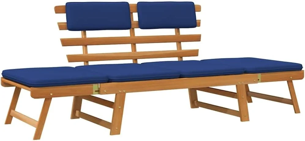 نیمکت باغی چوبی آکاسیا vidaXL با کوسن، تخت آفتاب گیر چوبی فضای باز، نیمکت بالکن، تخت استراحت آفتابی، تخت استراحت پاسیو 2 در 1، طول 190 سانتی متر
