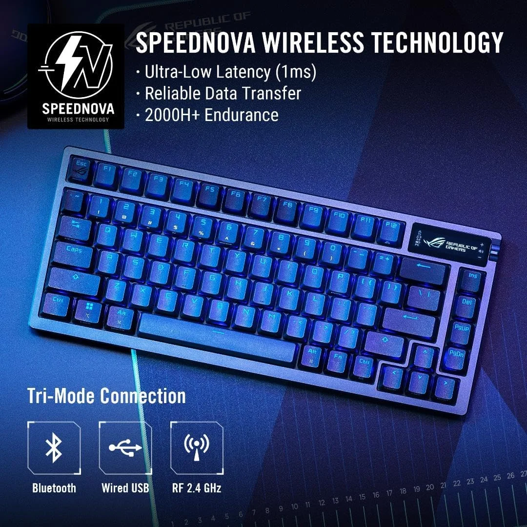 کیبورد گیمینگ سفارشی بی سیم ASUS ROG Azoth 75، نمایشگر OLED، Gasket-Mount، میرایی سه لایه، سوییچ های ROG NX Snow از پیش روغن کاری شده با قابلیت تعویض سریع و تثبیت کننده های صفحه کلید، کلیدهای PBT، RGB