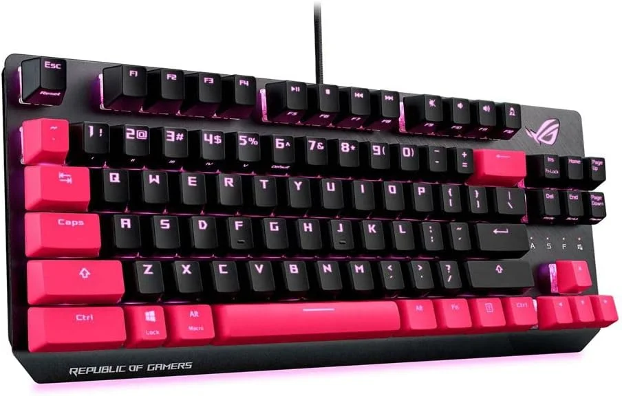 کیبورد گیمینگ مکانیکی ایسوس ROG Strix Scope TKL Electro Punk | سوییچ‌های Cherry MX Red، کلید Ctrl دو برابر پهن‌تر برای دقت بیشتر در FPS، نورپردازی Aura Sync RGB، Quick-Toggle