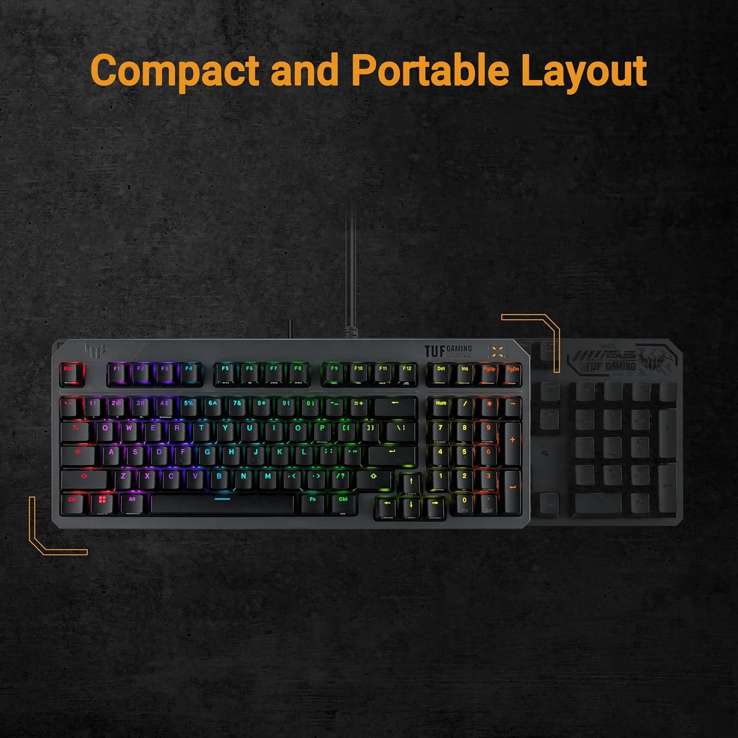 کیبورد گیمینگ ASUS TUF Gaming K3 Gen II Compact با 97 کلید، سوییچ‌های اپتو-مکانیکال RGB، سیلیکون سیل، فوم جذب شوک، ضد آب IP57، صفحه بالایی قابل جابجایی و Aura Sync، AZERTY