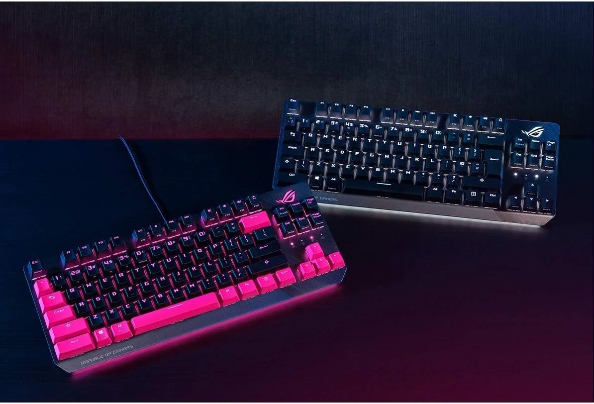 کیبورد گیمینگ مکانیکی ایسوس ROG Strix Scope TKL Electro Punk | سوییچ‌های Cherry MX Red، کلید Ctrl دو برابر پهن‌تر برای دقت بیشتر در FPS، نورپردازی Aura Sync RGB، Quick-Toggle
