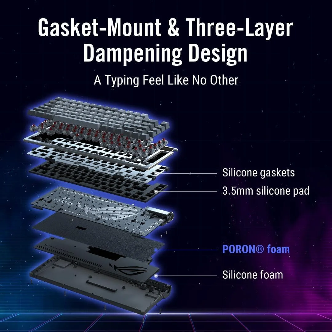 کیبورد گیمینگ سفارشی بی سیم ASUS ROG Azoth 75، نمایشگر OLED، Gasket-Mount، میرایی سه لایه، سوییچ های ROG NX Snow از پیش روغن کاری شده با قابلیت تعویض سریع و تثبیت کننده های صفحه کلید، کلیدهای PBT، RGB
