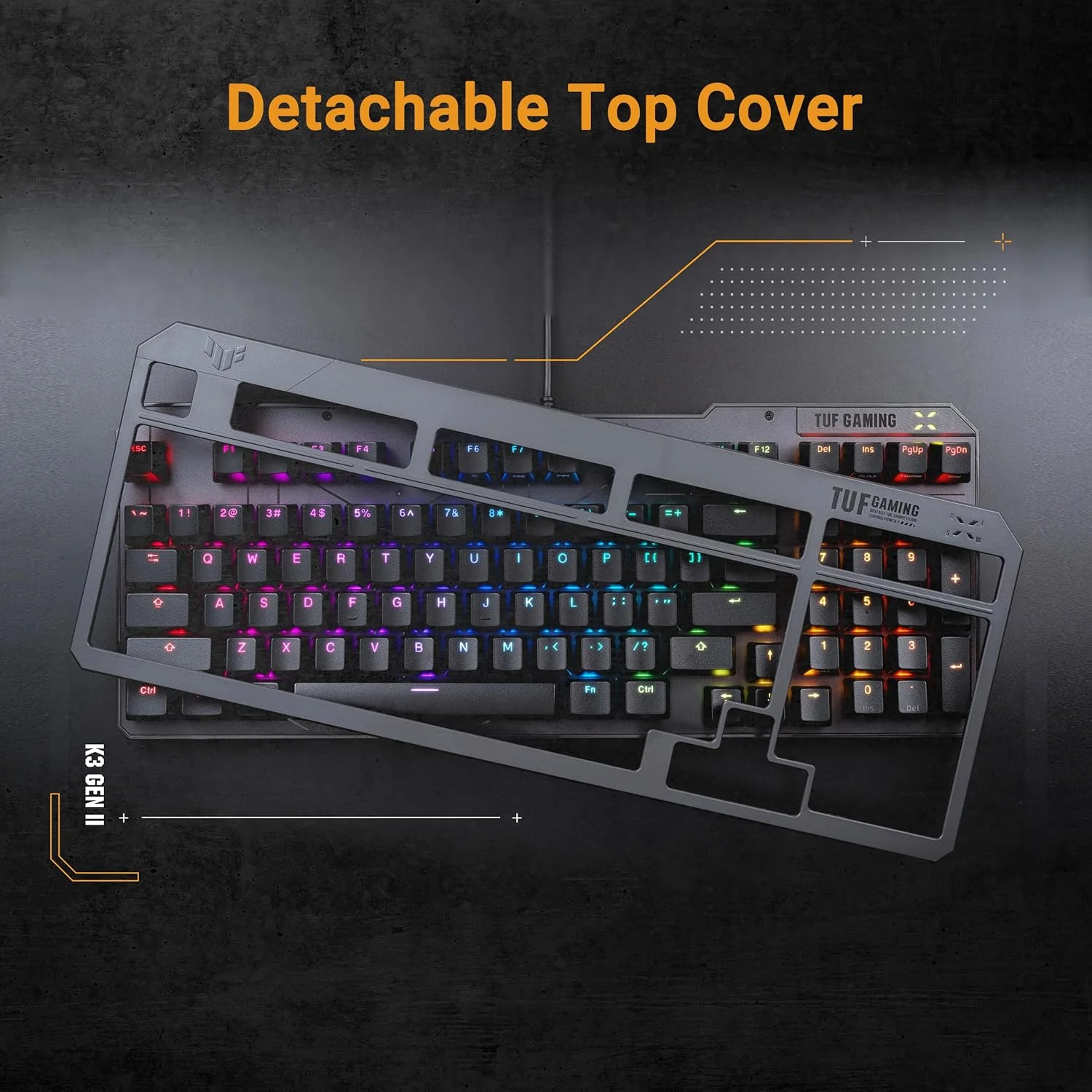 کیبورد گیمینگ ASUS TUF Gaming K3 Gen II Compact با 97 کلید، سوییچ‌های اپتو-مکانیکال RGB، سیلیکون سیل، فوم جذب شوک، ضد آب IP57، صفحه بالایی قابل جابجایی و Aura Sync، AZERTY
