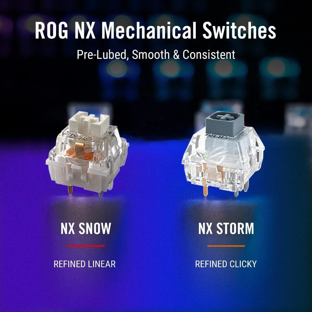 کیبورد گیمینگ سفارشی بی سیم ASUS ROG Azoth 75، نمایشگر OLED، Gasket-Mount، میرایی سه لایه، سوییچ های ROG NX Snow از پیش روغن کاری شده با قابلیت تعویض سریع و تثبیت کننده های صفحه کلید، کلیدهای PBT، RGB