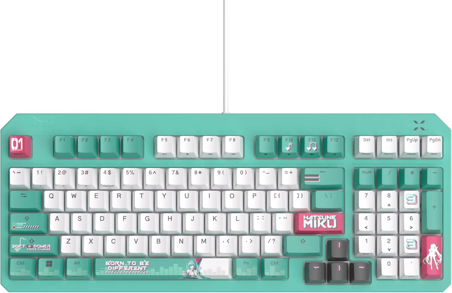 کیبورد گیمینگ اپتیکال-مکانیکال RGB ایسوس TUF Gaming K3 Gen II Hatsune Miku Edition با مقاومت در برابر آب و گرد و غبار IP57، طرح‌بندی فشرده 98 کلیدی، پایه واشر سیلیکونی و فوم میرایی.