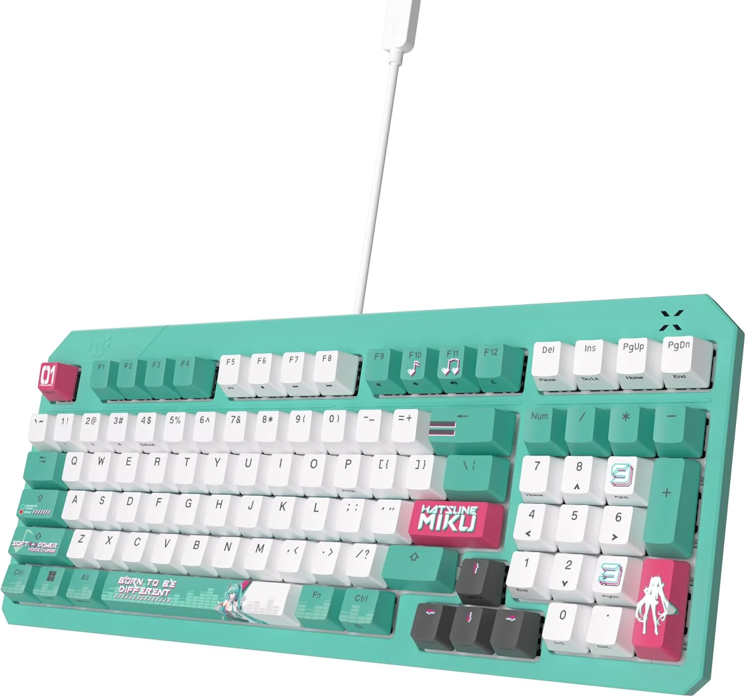 کیبورد گیمینگ اپتیکال-مکانیکال RGB ایسوس TUF Gaming K3 Gen II Hatsune Miku Edition با مقاومت در برابر آب و گرد و غبار IP57، طرح‌بندی فشرده 98 کلیدی، پایه واشر سیلیکونی و فوم میرایی.