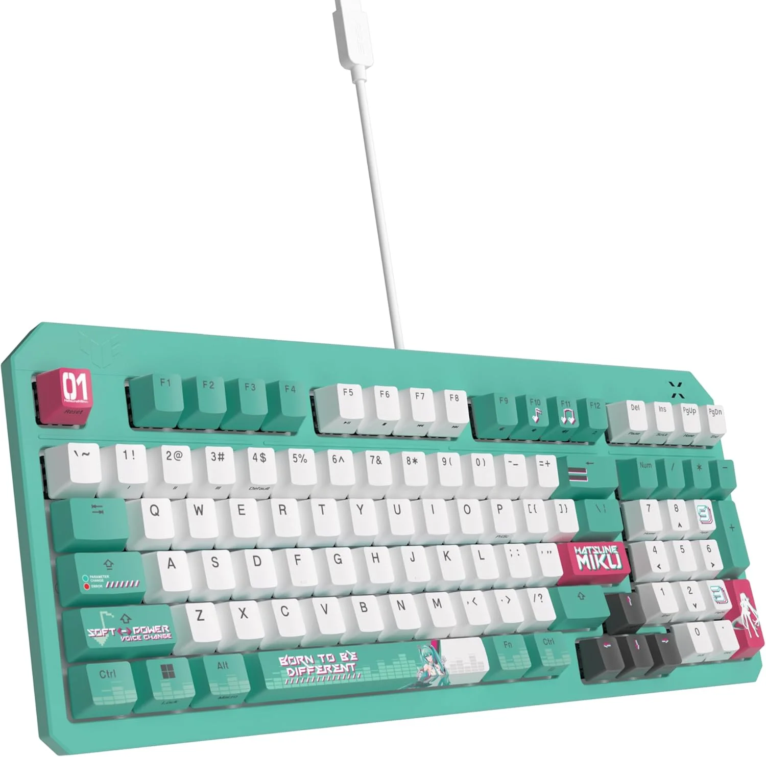 کیبورد گیمینگ اپتیکال-مکانیکال RGB ایسوس TUF Gaming K3 Gen II Hatsune Miku Edition با مقاومت در برابر آب و گرد و غبار IP57، طرح‌بندی فشرده 98 کلیدی، پایه واشر سیلیکونی و فوم میرایی.