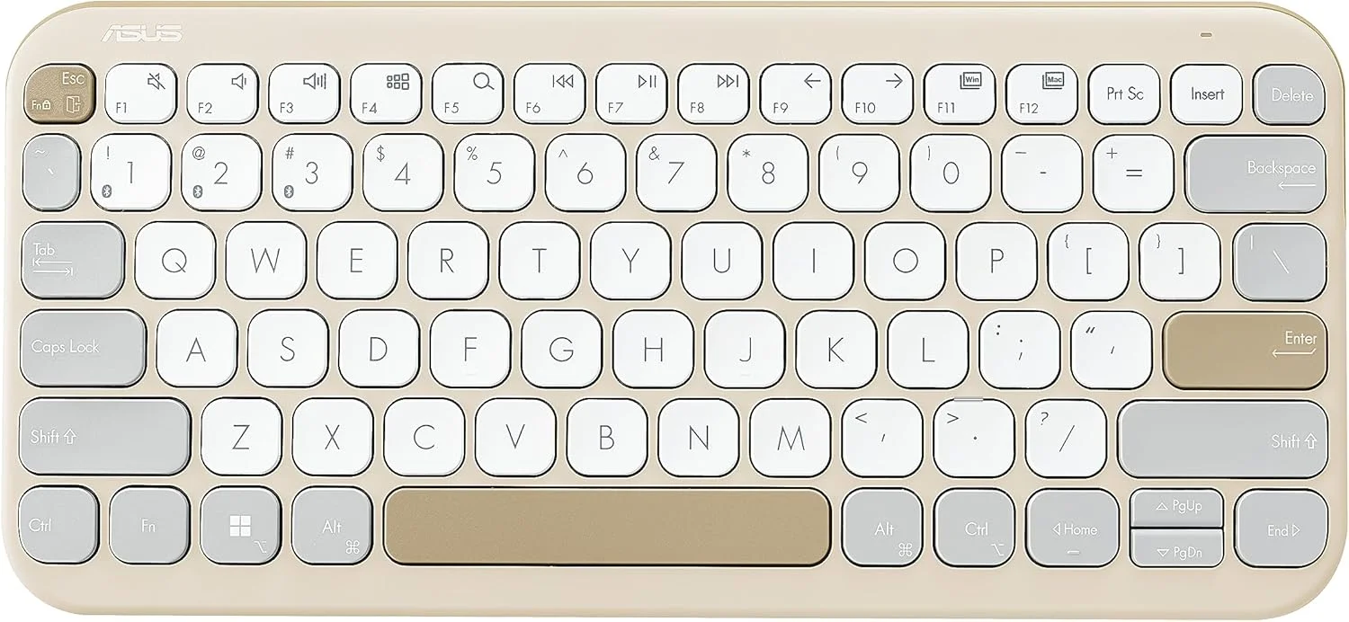 کیبورد ASUS Marshmallow Kw100، پشتیبانی از 3 دستگاه، عمق حرکت کلید 1.6 میلی‌متر، کلیدهای قیچی‌شکل، کیبورد جمع و جور و سبک، بلوتوث (رنگ - شیر جو دوسر)