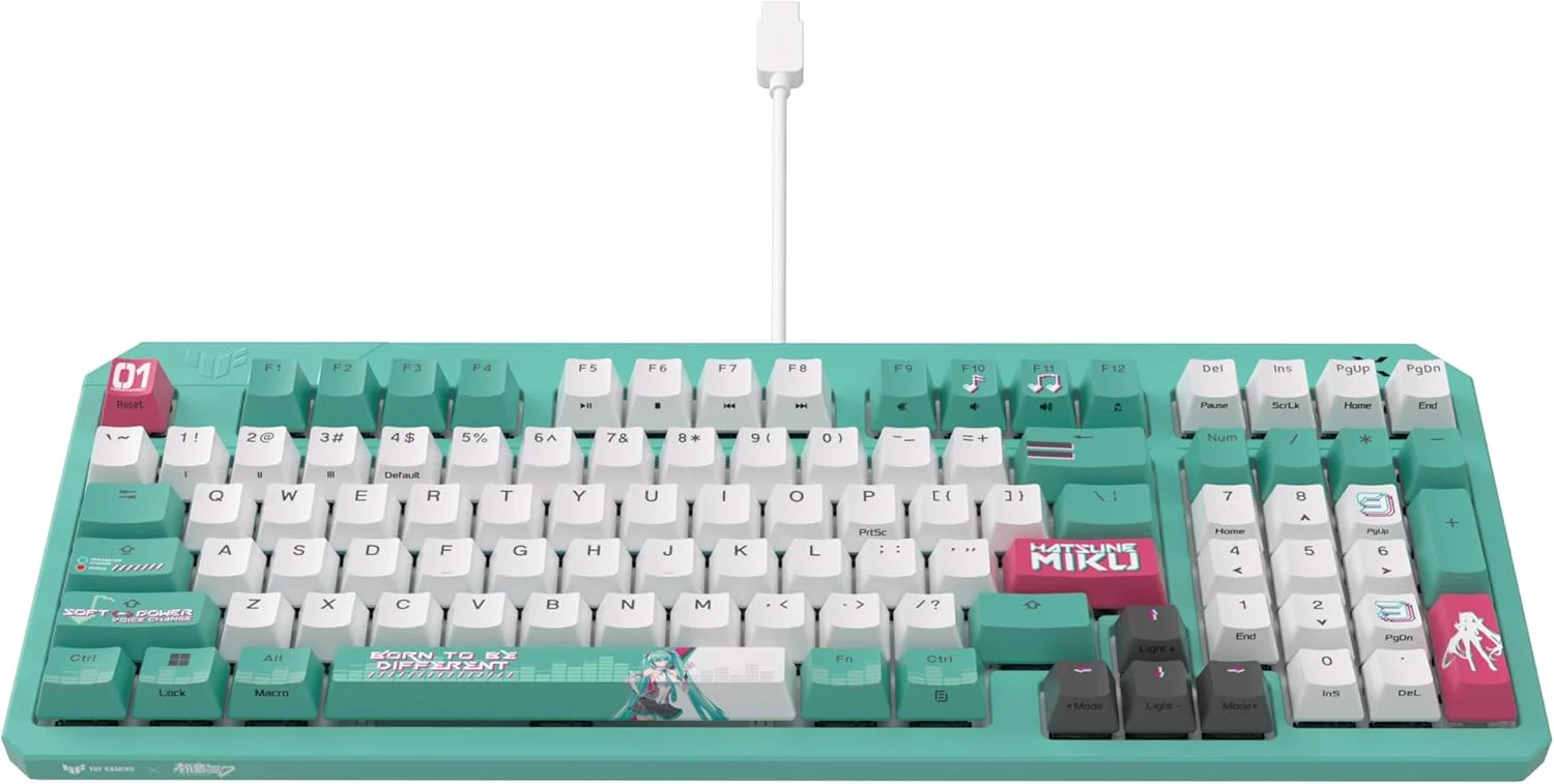 کیبورد گیمینگ اپتیکال-مکانیکال RGB ایسوس TUF Gaming K3 Gen II Hatsune Miku Edition با مقاومت در برابر آب و گرد و غبار IP57، طرح‌بندی فشرده 98 کلیدی، پایه واشر سیلیکونی و فوم میرایی.