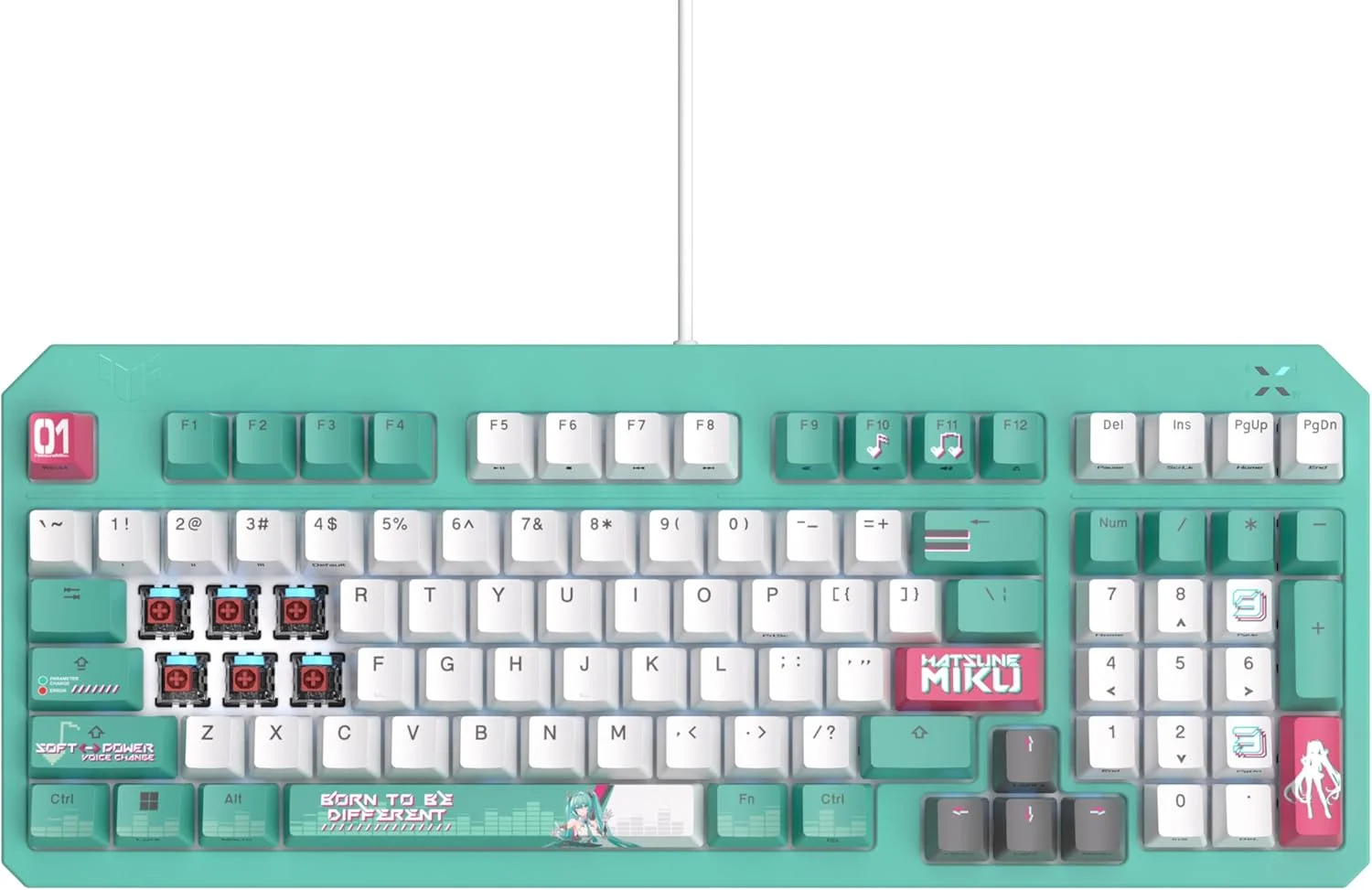 کیبورد گیمینگ اپتیکال-مکانیکال RGB ایسوس TUF Gaming K3 Gen II Hatsune Miku Edition با مقاومت در برابر آب و گرد و غبار IP57، طرح‌بندی فشرده 98 کلیدی، پایه واشر سیلیکونی و فوم میرایی.