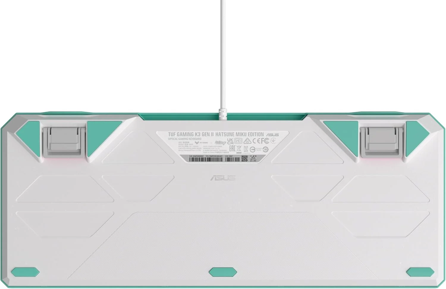 کیبورد گیمینگ اپتیکال-مکانیکال RGB ایسوس TUF Gaming K3 Gen II Hatsune Miku Edition با مقاومت در برابر آب و گرد و غبار IP57، طرح‌بندی فشرده 98 کلیدی، پایه واشر سیلیکونی و فوم میرایی.