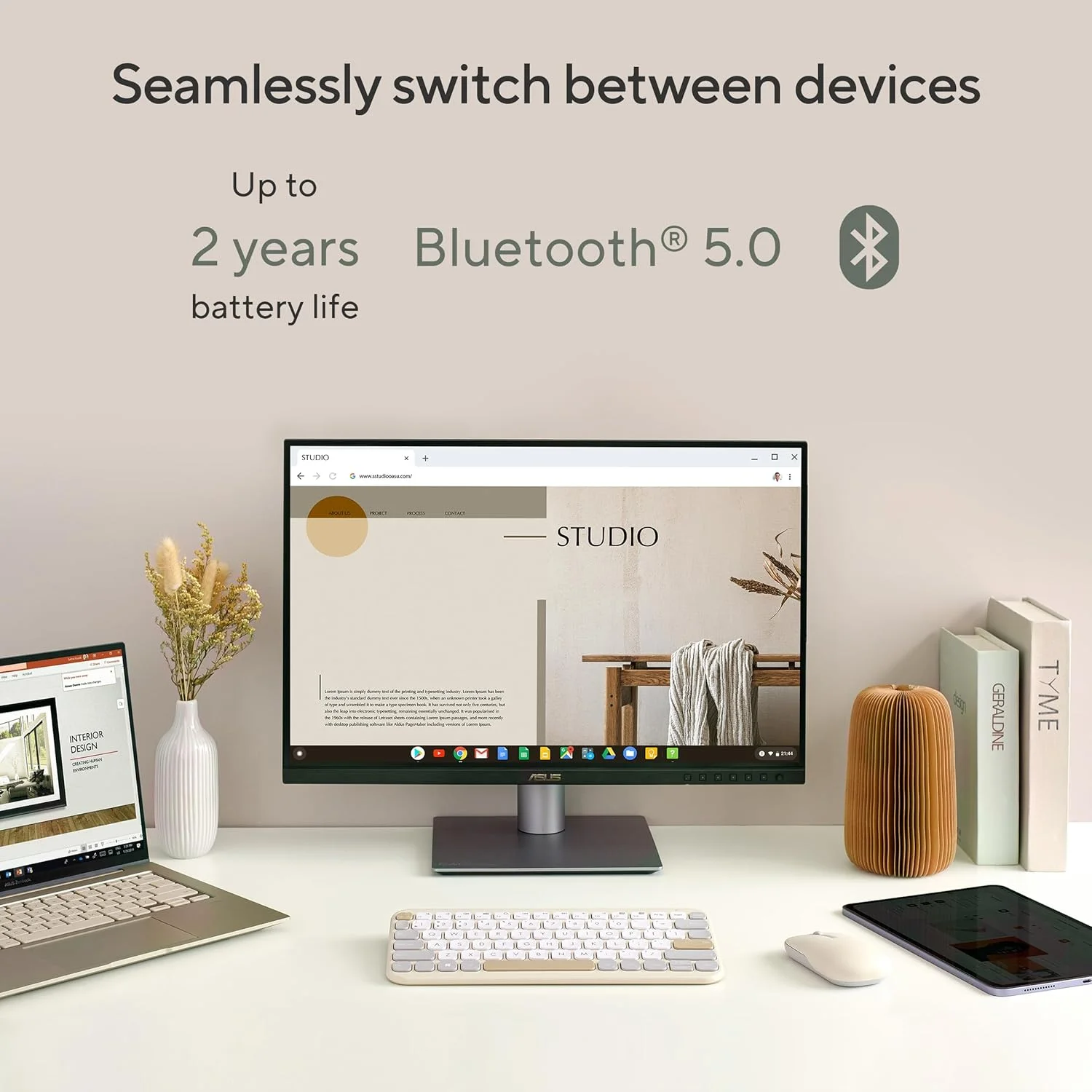 کیبورد ASUS Marshmallow Kw100، پشتیبانی از 3 دستگاه، عمق حرکت کلید 1.6 میلی‌متر، کلیدهای قیچی‌شکل، کیبورد جمع و جور و سبک، بلوتوث (رنگ - شیر جو دوسر)