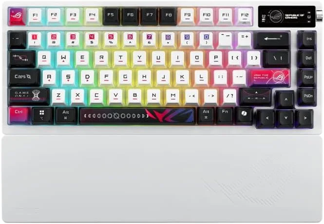 کیبورد گیمینگ سفارشی 75% ایسوس ROG Azoth X: سوییچ‌های مکانیکی ROG NX V2 با قابلیت تعویض سریع، کلیدهای ROG PBT با تم Stellar، روکش فلزی، نمایشگر OLED - طرح‌بندی عربی - سفید