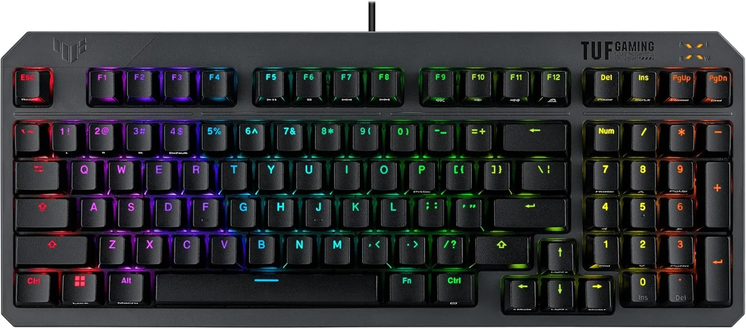 کیبورد گیمینگ ایسوس TUF Gaming K3 Gen II با طرح‌بندی فشرده 97 کلیدی، سوییچ‌های اپتیکال-مکانیکال RGB، پایه سیلیکونی، فوم میرایی، ضد آب IP57، صفحه بالایی جداشدنی و طرح‌بندی AR