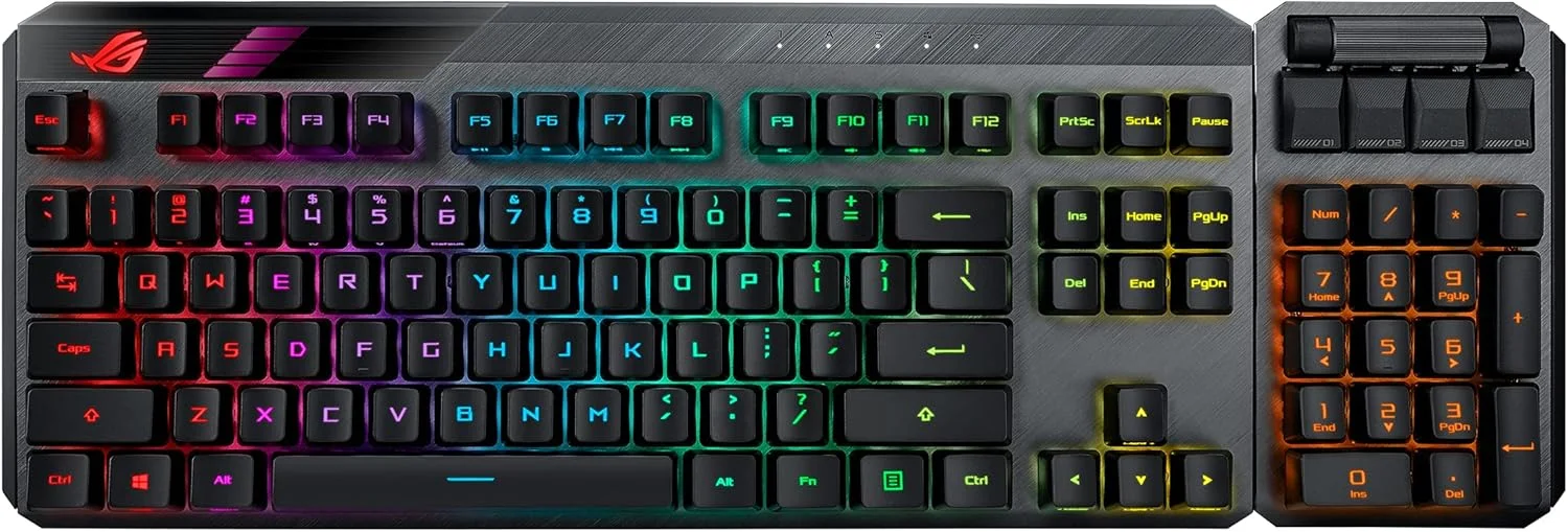 کیبورد گیمینگ مکانیکی بی سیم ماژولار Asus Rog Claymore II، نامپد جداشدنی، سوییچ های RX Red و RX Blue، Aura Sync، کنترل های رسانه ای، 2.4 گیگاهرتز، USB 2.0، MA02 - مشکی