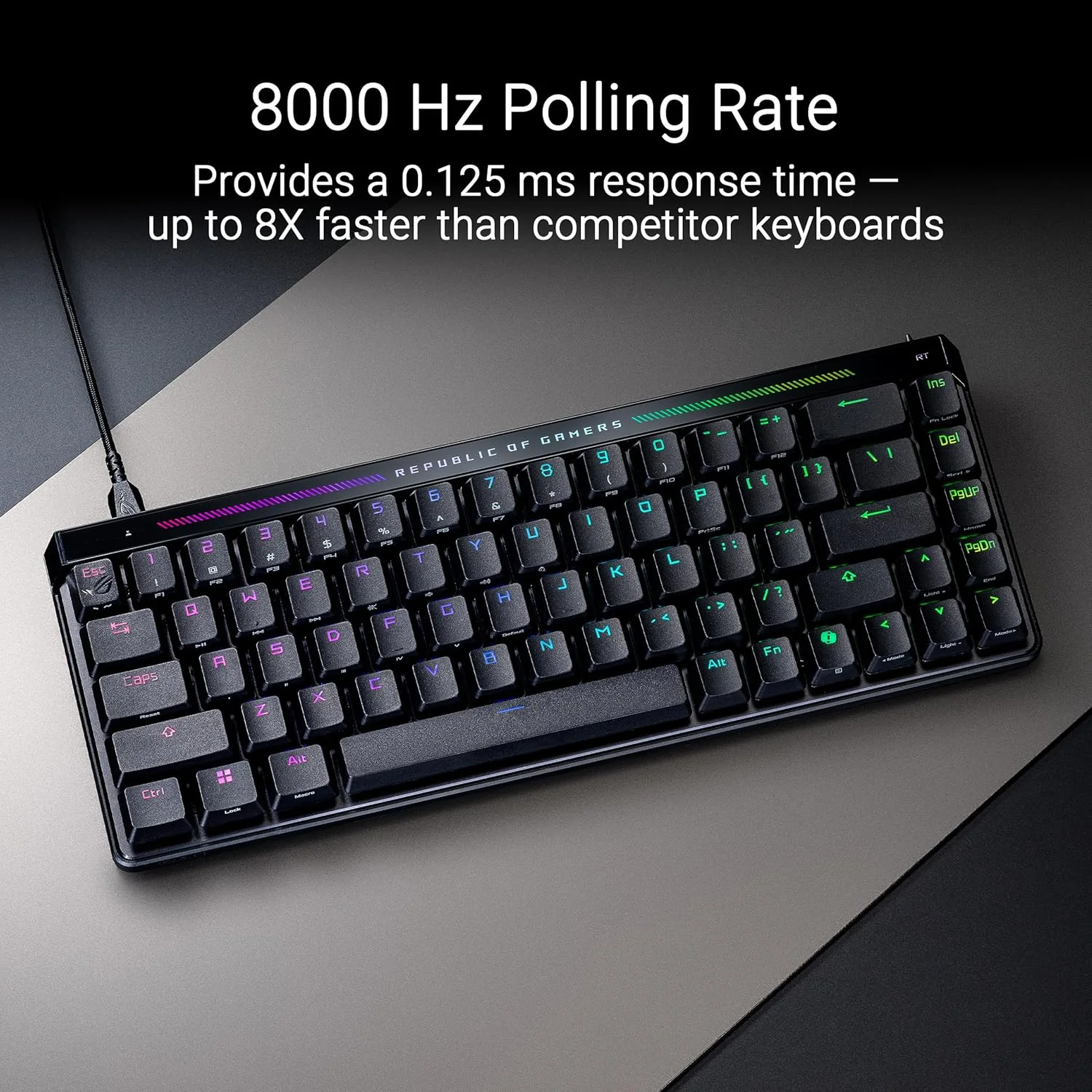 کیبورد گیمینگ آنالوگ 65% ایسوس ROG Falchion Ace HFX، سوییچ‌های مغناطیسی ROG HFX از پیش روغن‌کاری شده، Rapid Trigger، پنل لمسی، نرخ نمونه‌برداری 8000 هرتز، میرایی پنج لایه و پایه واشر، کلیدهای ABS، طرح‌بندی AR