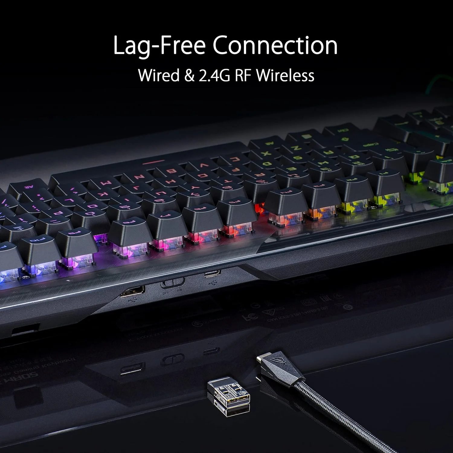 کیبورد گیمینگ مکانیکی بی سیم ماژولار Asus Rog Claymore II، نامپد جداشدنی، سوییچ های RX Red و RX Blue، Aura Sync، کنترل های رسانه ای، 2.4 گیگاهرتز، USB 2.0، MA02 - مشکی