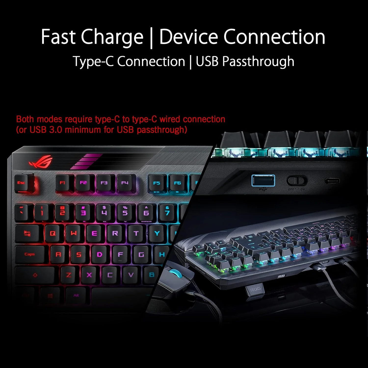 کیبورد گیمینگ مکانیکی بی سیم ماژولار Asus Rog Claymore II، نامپد جداشدنی، سوییچ های RX Red و RX Blue، Aura Sync، کنترل های رسانه ای، 2.4 گیگاهرتز، USB 2.0، MA02 - مشکی
