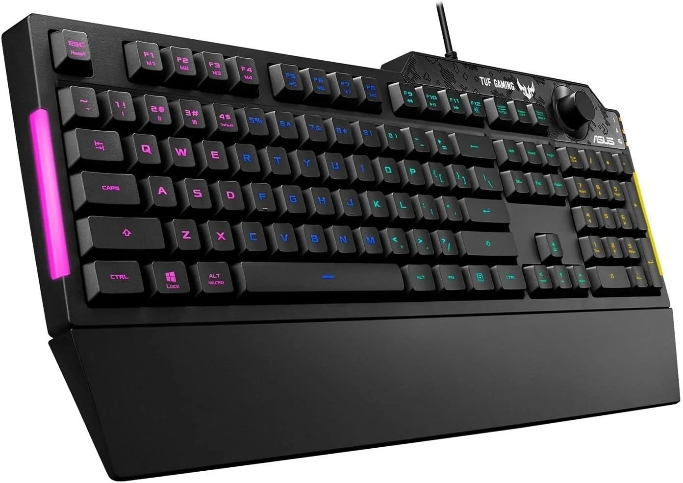 کیبورد گیمینگ ایسوس TUF Gaming K1 RGB، نورپردازی RGB 5 منطقه‌ای، سوییچ‌های ممبرین، Anti-Ghosting با 19 کلید، دکمه اختصاصی تنظیم صدا، مقاوم در برابر نفوذ مایعات، نوار نور جانبی، کلیدهای ماکرو قابل برنامه‌ریزی، مشکی [طرح‌بندی UK]