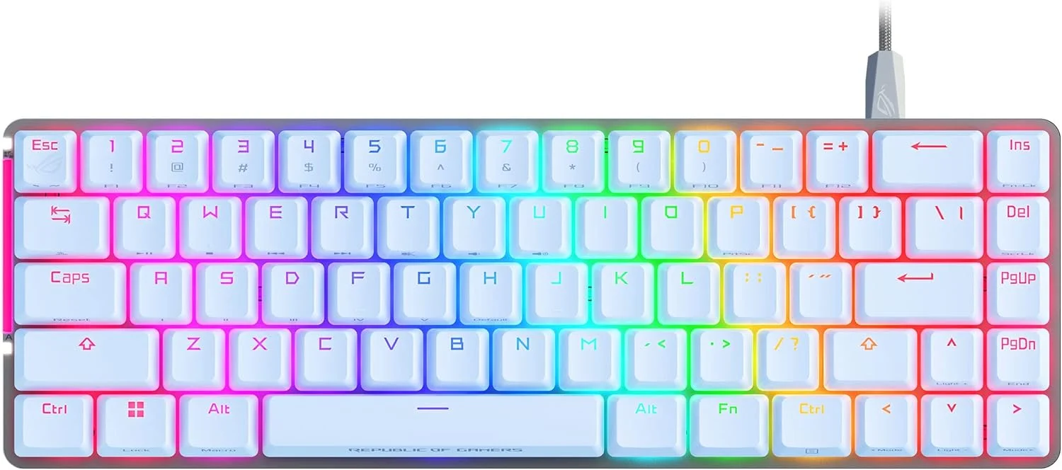 کیبورد گیمینگ مکانیکی فشرده 65% ایسوس ROG Falchion Ace RGB، سوییچ‌های قرمز ROG NX روان‌کاری شده و تثبیت‌کننده‌های سوییچ، فوم کاهش صدا، کلیدهای ABS، اتصال سیمی با KVM، سه زاویه، طرح‌بندی AR، سفید