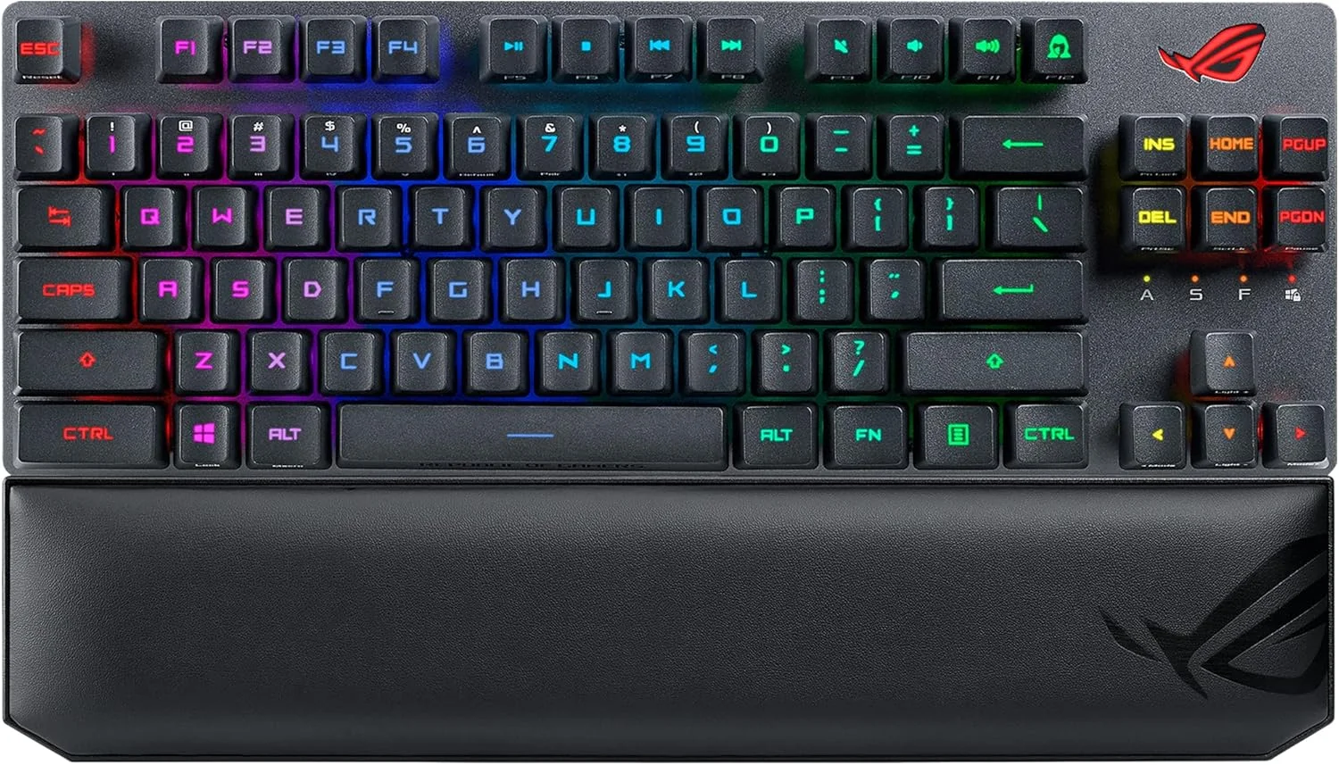 کیبورد گیمینگ 80% ایسوس ROG Strix Scope RX TKL Wireless Deluxe، اتصال سه حالته (RF 2.4 گیگاهرتز، بلوتوث، سیمی)، سوئیچ‌های مکانیکی اپتیکال ROG RX Red، کلیدهای PBT، نورپردازی RGB، استراحتگاه مچ دست، مشکی