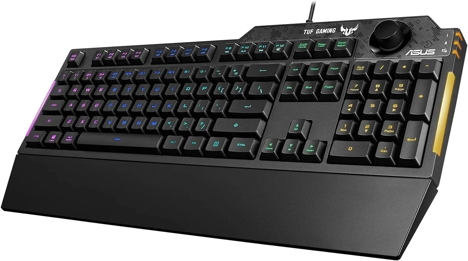 کیبورد گیمینگ ایسوس TUF Gaming K1 RGB، نورپردازی RGB 5 منطقه‌ای، سوییچ‌های ممبرین، Anti-Ghosting با 19 کلید، دکمه اختصاصی تنظیم صدا، مقاوم در برابر نفوذ مایعات، نوار نور جانبی، کلیدهای ماکرو قابل برنامه‌ریزی، مشکی [طرح‌بندی UK]