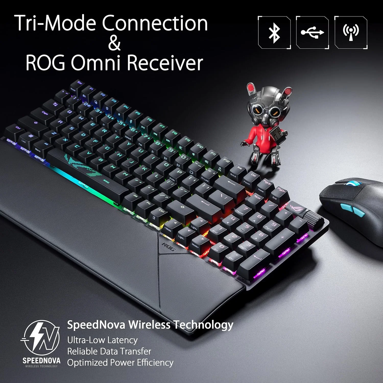 کیبورد گیمینگ بی‌سیم ایسوس ROG Strix Scope II 96، اتصال سه حالته، فوم میرایی و پدهای میرایی سوییچ، سوییچ‌های ROG NX Snow از پیش روغن‌کاری شده با قابلیت تعویض سریع، کلیدهای ABS با پوشش UV، طرح‌بندی عربی