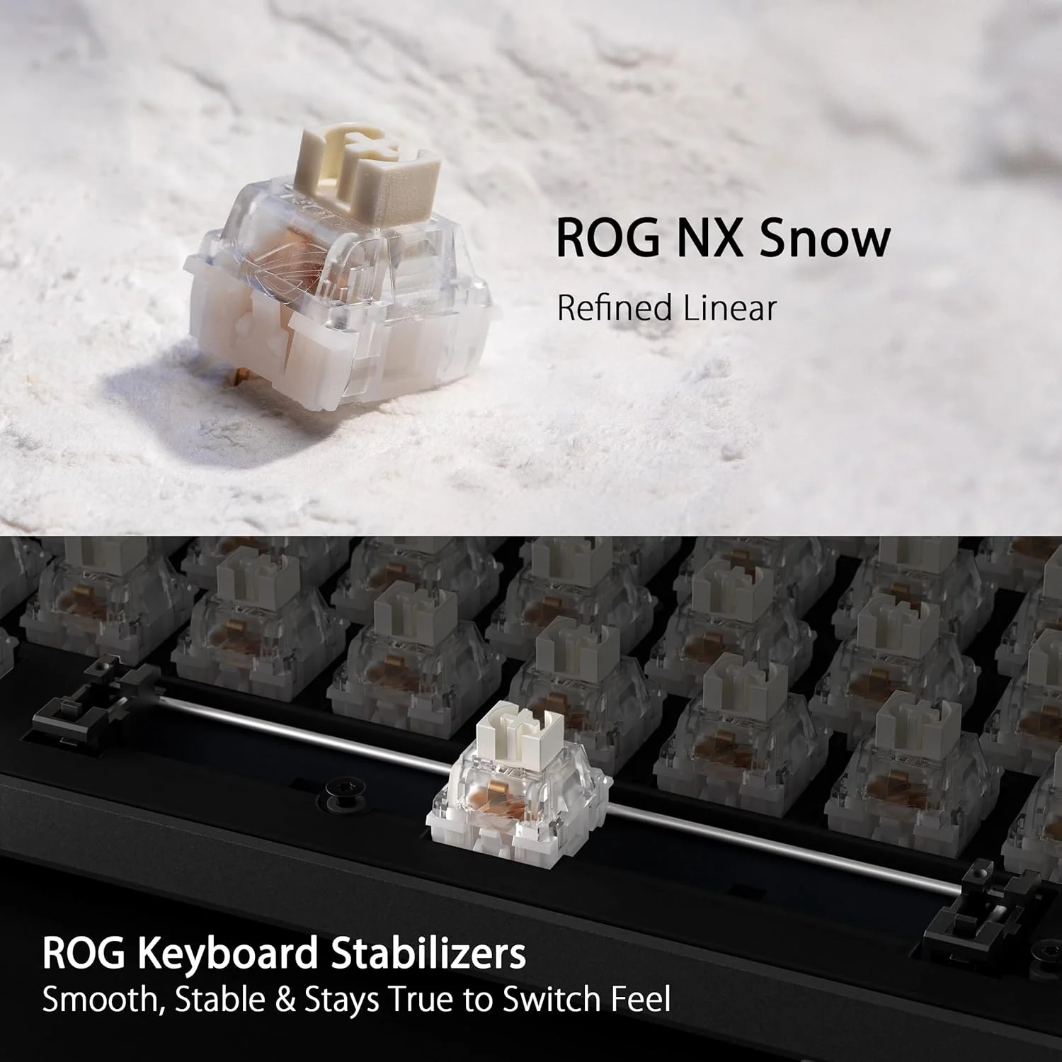 کیبورد گیمینگ بی‌سیم ایسوس ROG Strix Scope II 96، اتصال سه حالته، فوم میرایی و پدهای میرایی سوییچ، سوییچ‌های ROG NX Snow از پیش روغن‌کاری شده با قابلیت تعویض سریع، کلیدهای ABS با پوشش UV، طرح‌بندی عربی