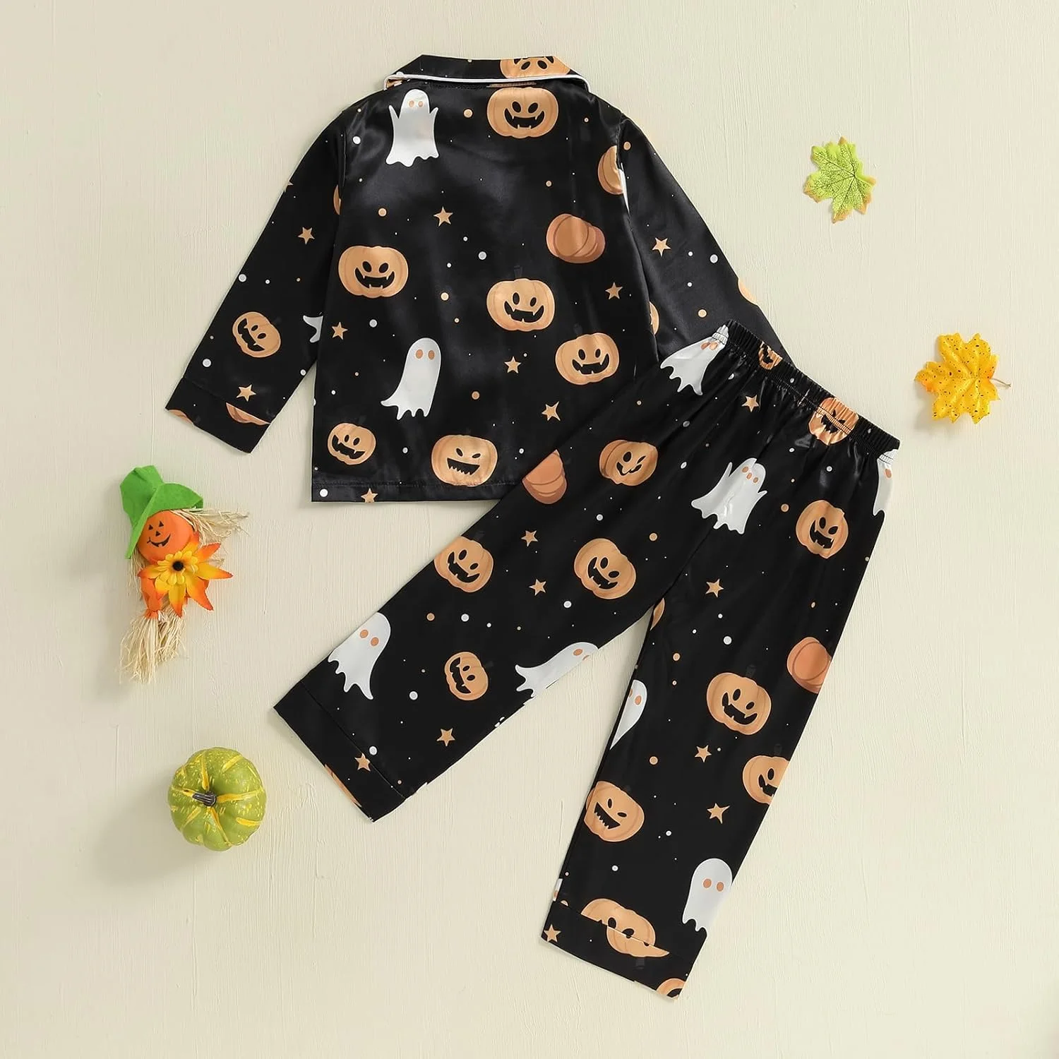 ست لباس خواب هالووین Vioyavo 2 تکه برای پسران بچه، طرح روح و کدو تنبل، آستین بلند، پیراهن دکمه دار یقه دار، شلوار بلند، لباس خواب ست لباس خواب هالووین Vioyavo 2 تکه برای پسران بچه، طرح روح و کدو تنبل، آستین بلند، پیراهن دکمه دار یقه دار، شلوار بلند، لباس خواب