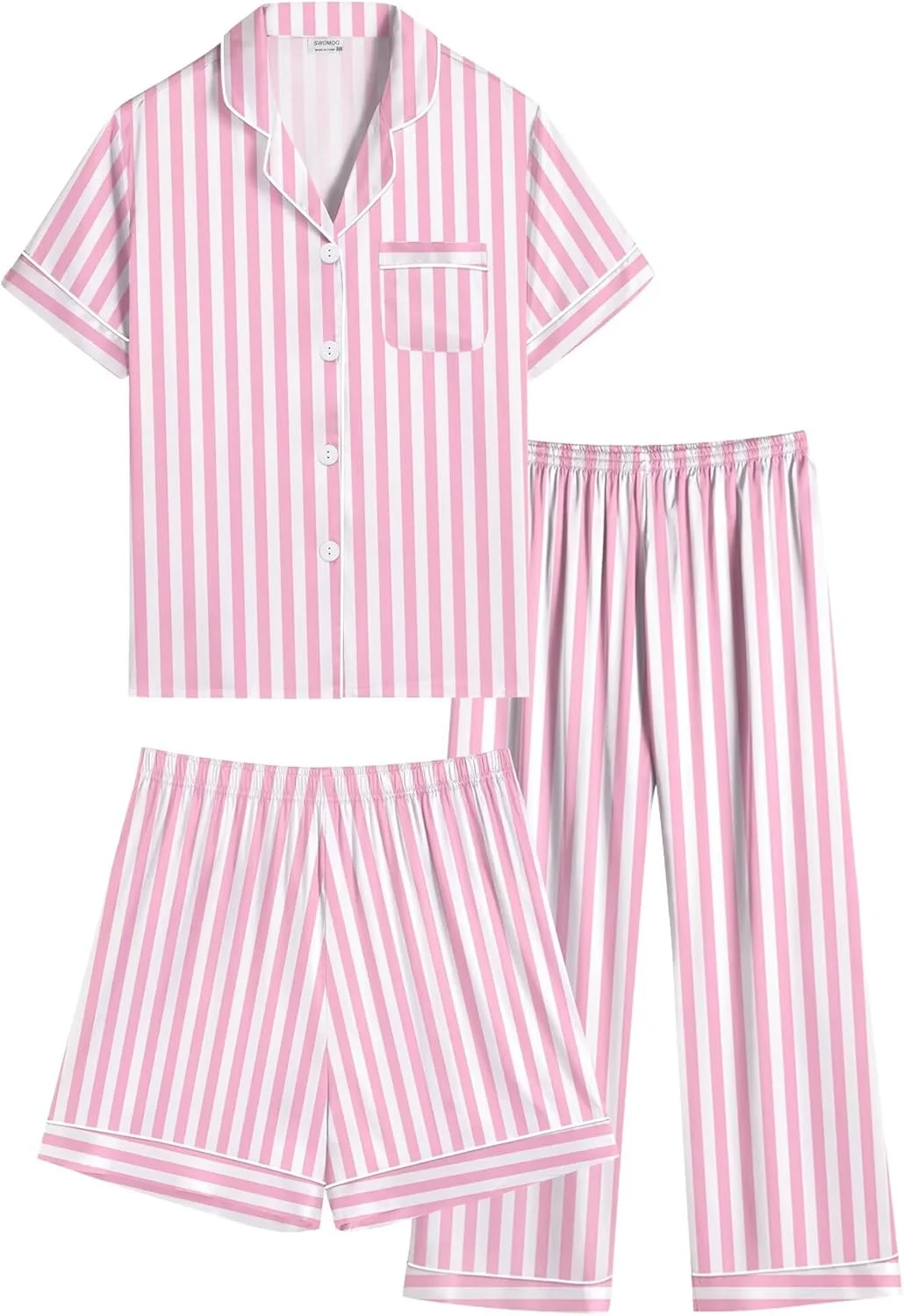 ست پیژامه ابریشمی 3 تکه بچگانه SWOMOG، پیژامه ساتن دخترانه پسرانه، ست لباس خواب دکمه دار، لباس راحتی نرم، لباس خواب آستین کوتاه