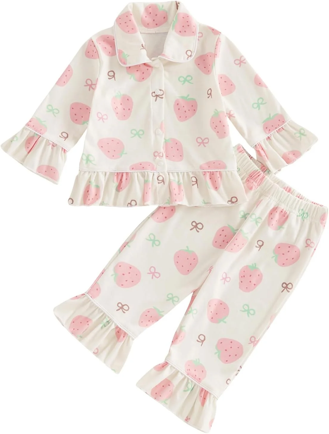 ست پیژامه 2 تکه دخترانه بچه گانه با طرح توت فرنگی/پروانه، لباس خواب بهاره و پاییزه آستین بلند، بلوز چین دار و شلوار بلند