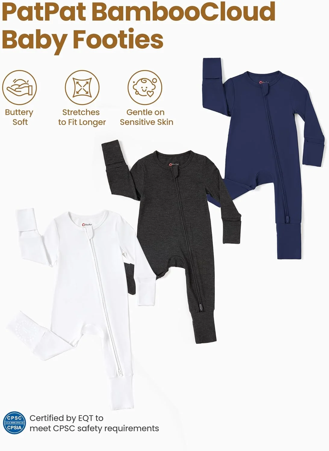 پک 3 عددی رامپر نوزادی پسرانه پات پات 0-24 ماهه، ست پیژامه ویسکوز بامبو با گرم نگهدارنده پا، لباس زمستانی، سرمه ای
